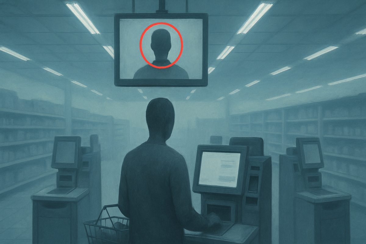 A muted blue-grey painterly scene of a self-service supermarket checkout aisle under cold fluorescent strip lights, shelves fading into a hazy background.