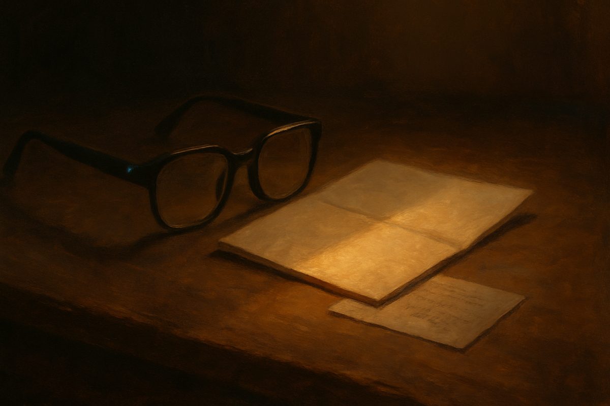 A pair of plain dark-framed glasses rests in shadow on a wooden counter beside a folded letter lit by a warm lamp; one very small blue indicator glows on the frame, easy to miss