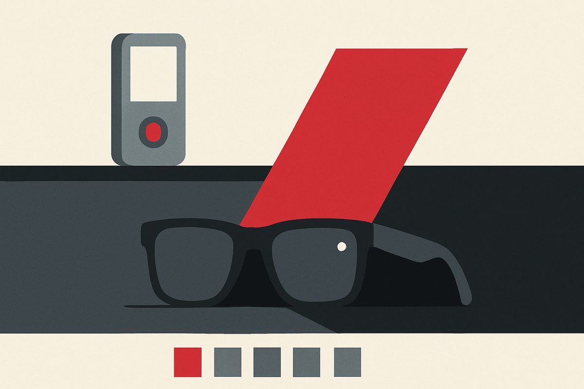 A flat editorial illustration in slate grey, cream and crimson. A dark horizontal band splits the frame: in the pale upper