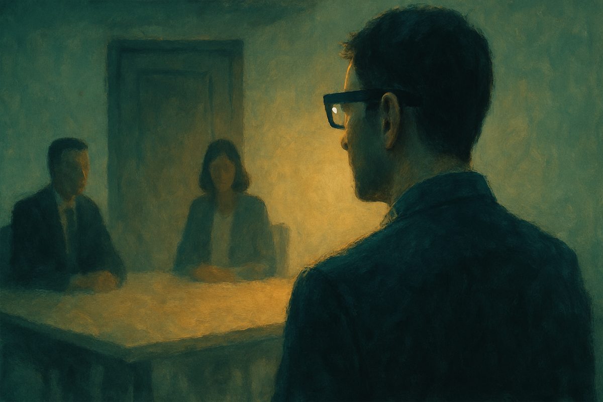 A dim, painterly meeting room in muted teal and amber. Seen from behind in the foreground, a person wearing chunky