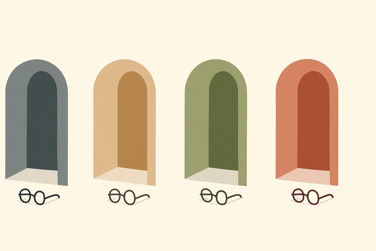 Four separate arched doorways in different colours, each with a pair of round glasses left on the ground outside its threshold