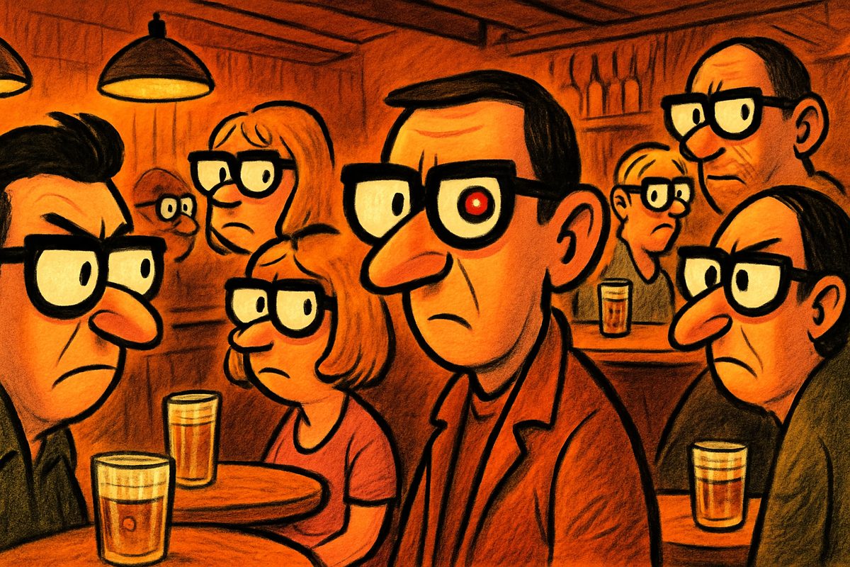 A warm, amber-lit cartoon pub interior crowded with patrons who are all wearing the same chunky black-framed glasses, every