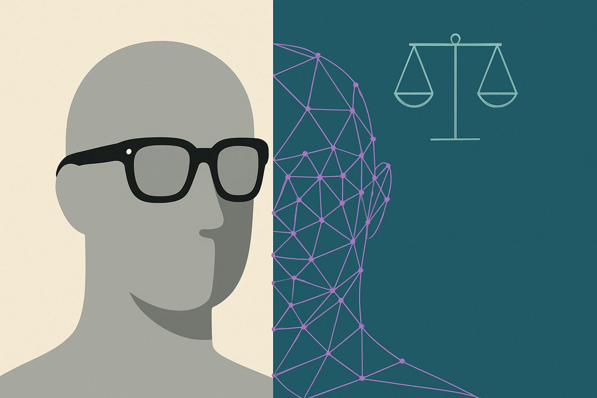 A flat two-tone editorial illustration split down the middle. On the left, on cream, a plain grey featureless head in