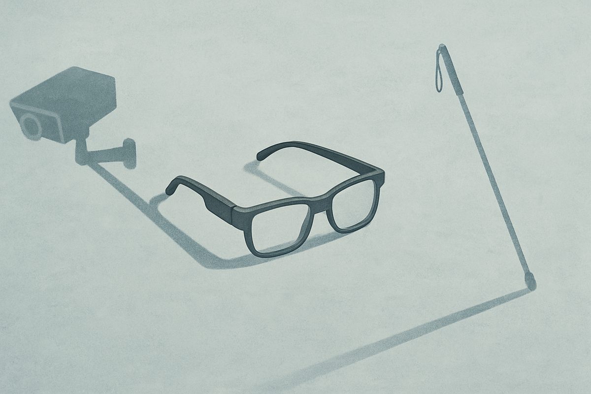 A single pair of dark-framed glasses rests on a pale blue-grey surface