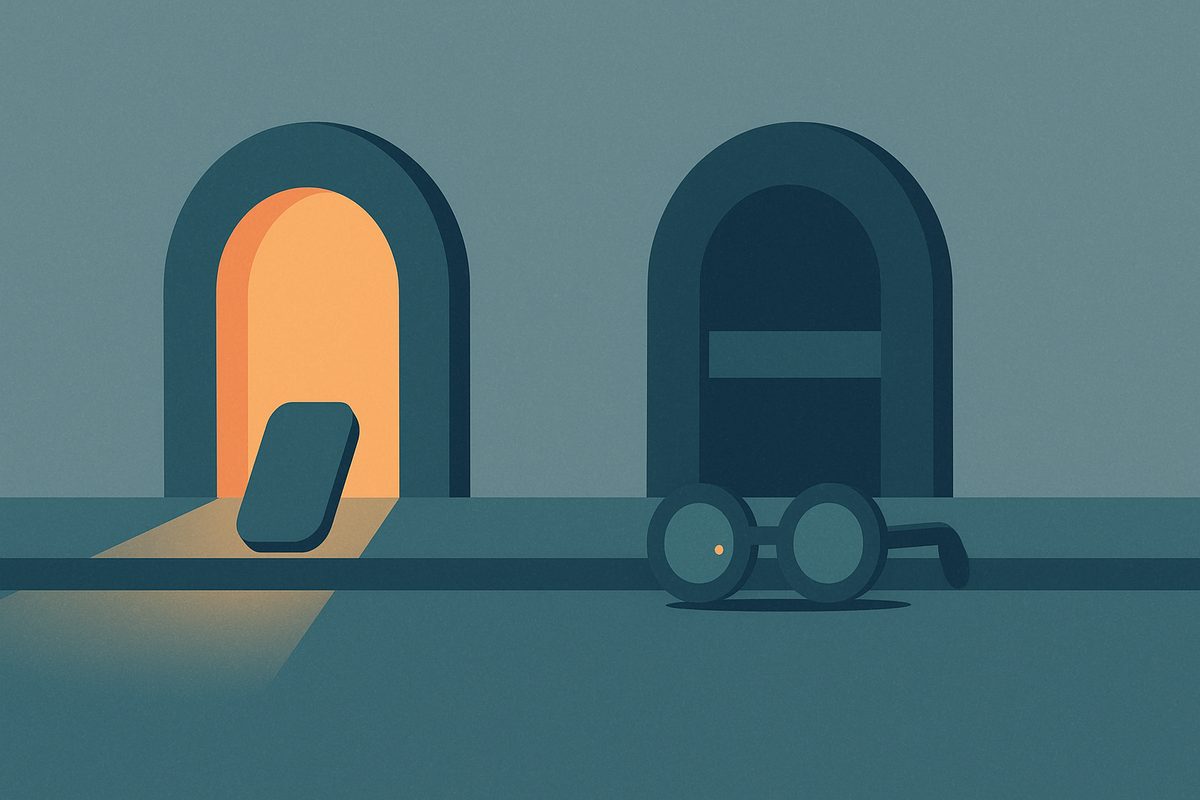 On a plain slate-blue wall, two archway gates sit side by side above a floor line.