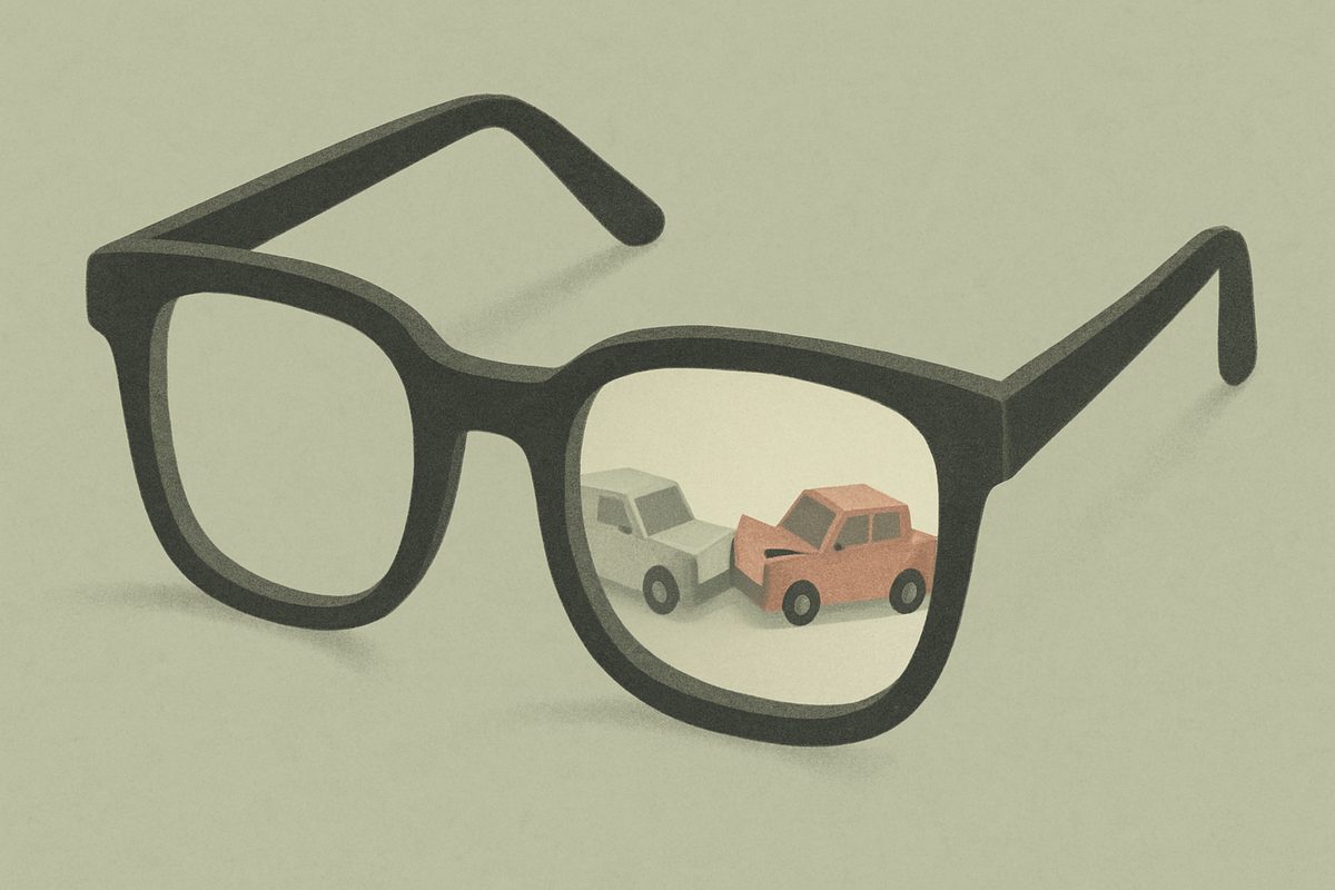 A large pair of chunky charcoal-framed glasses lies tilted on a muted sage-green background.
