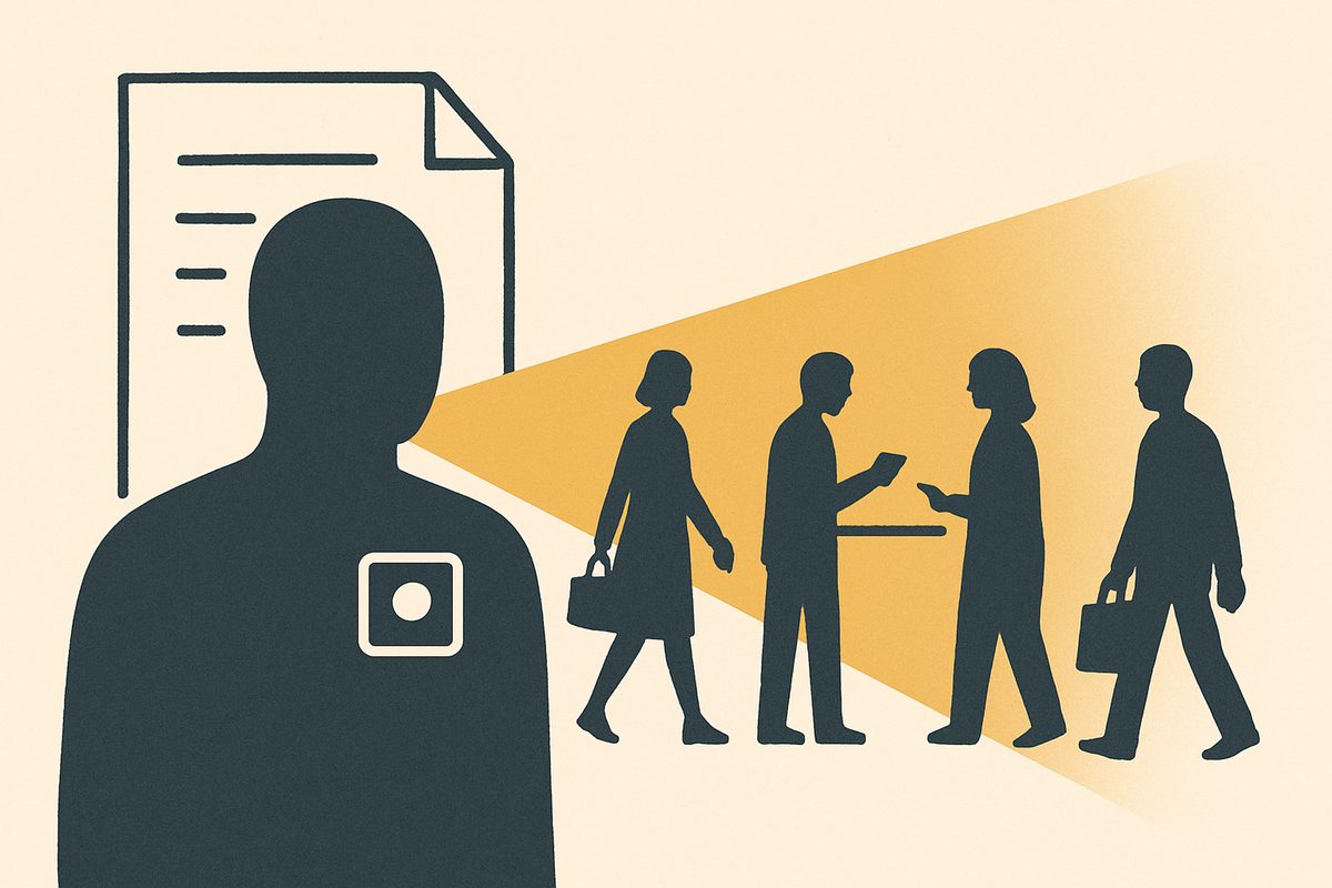 A flat editorial illustration on a warm bone-cream background. In the left foreground a large faceless figure in dark