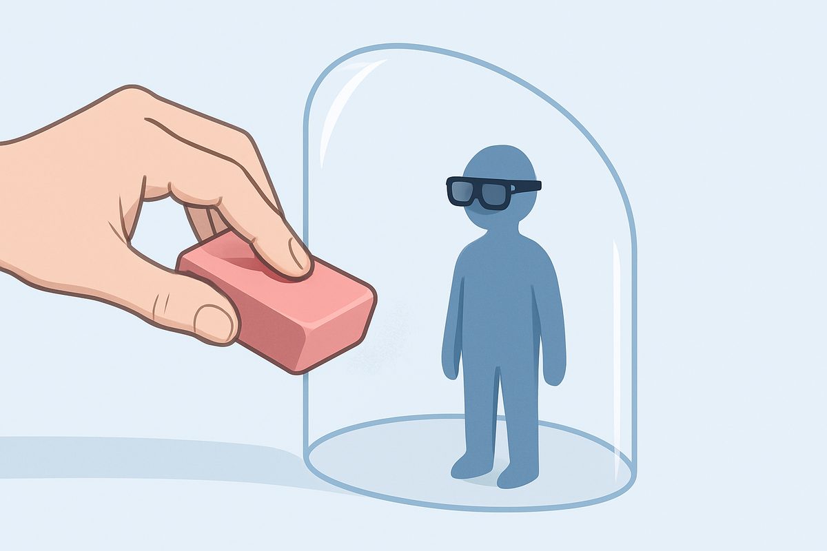 A cool, flat illustration on a pale blue-grey ground. On the left a large realistic hand pinches a pink rubber eraser and
