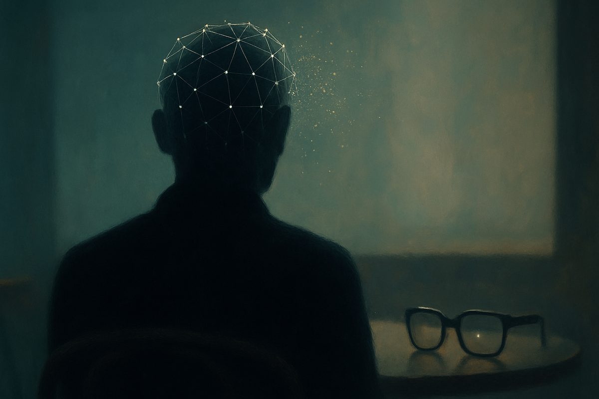 A dark silhouette of a person seen from behind at a table, the crown and back of their head wrapped in a glowing pale wireframe mesh of connected dots that maps the shape of the head; at one edge the mesh breaks apart and scatters into faint drifting amber specks that fade into the empty background. A pair of heavy black-framed glasses with one softly glowing lens rests on the table in muted deep-teal light