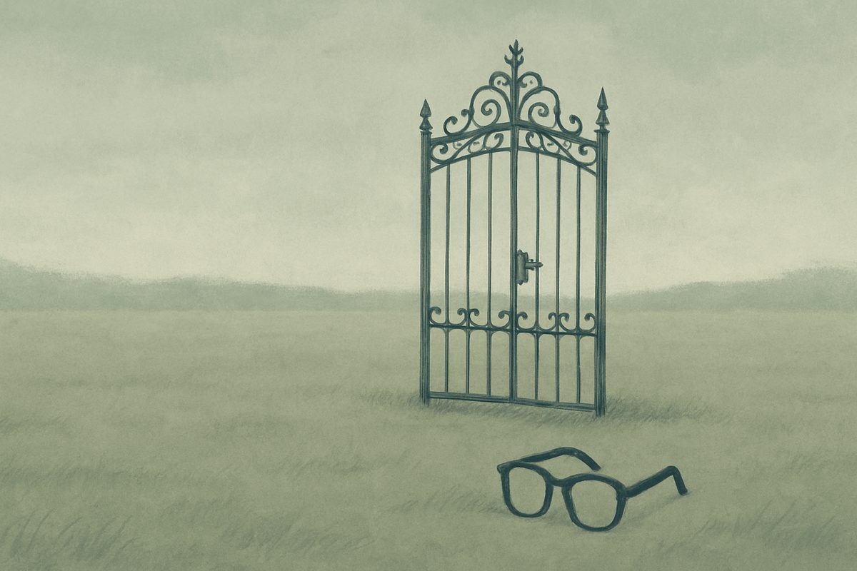 A quiet, muted illustration in soft sage-green and grey. A single tall, ornate wrought-iron gate stands closed and latched