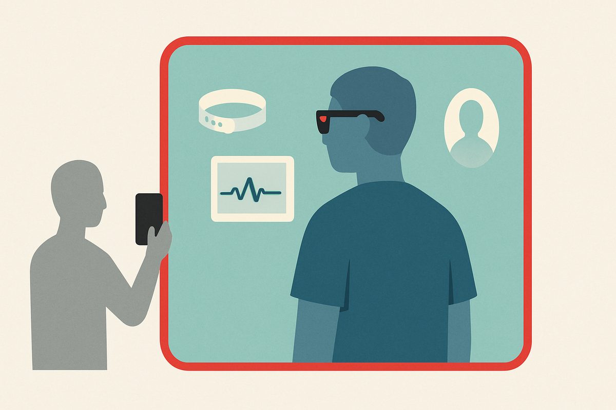 A flat editorial illustration on a cream background. A thick red rounded rectangle frames a pale teal panel; inside it a
