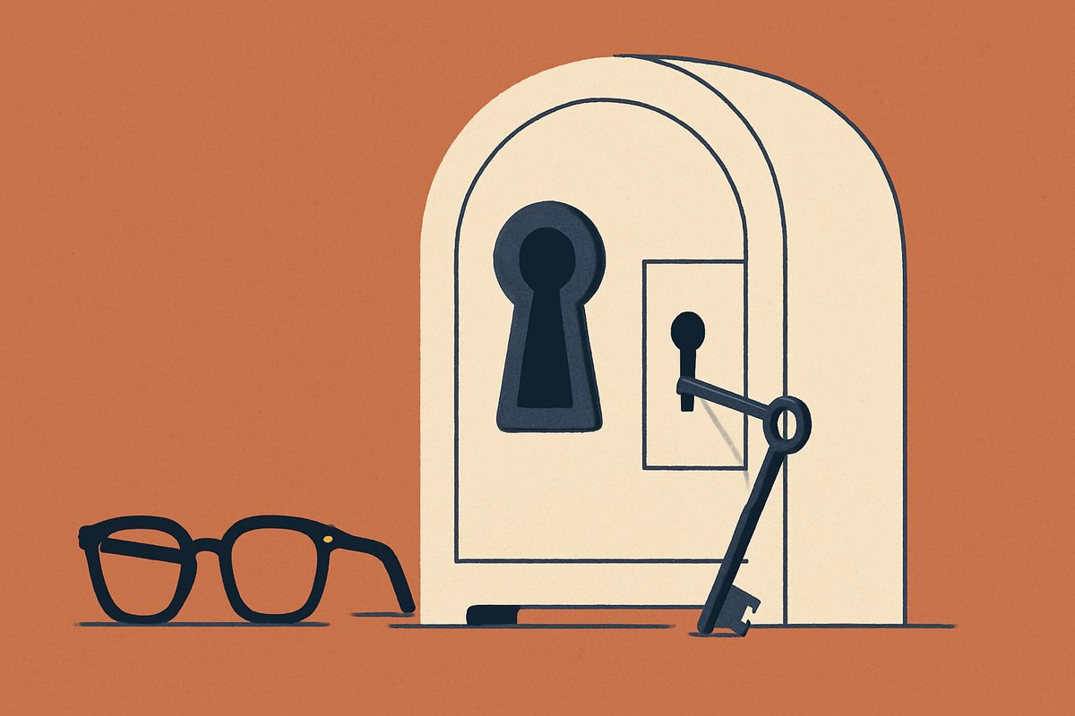 A flat editorial illustration on a solid warm terracotta background. In the centre stands a tall cream arched vault, like a safe.