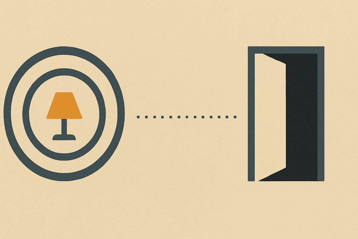 A small amber lamp sits inside three heavy protective rings on the left; on the right an open doorway stands with nothing guarding it, and a dotted line from the lamp fades out before it reaches the door