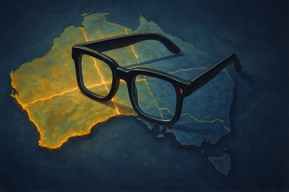 A painterly aerial illustration of the Australian continent on a deep navy background, its surface split by thin glowing seams into regions.