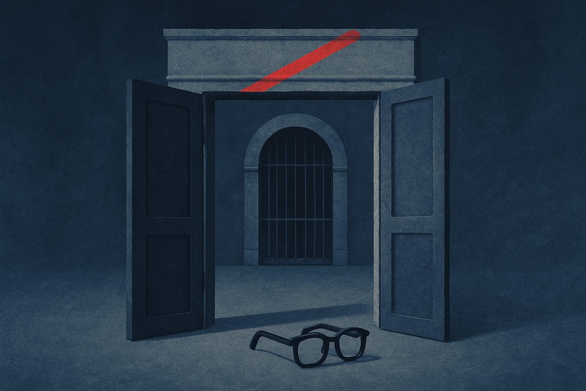 A dark, cool illustration on a deep indigo-blue ground. A tall pale stone doorway stands wide open, both panelled doors