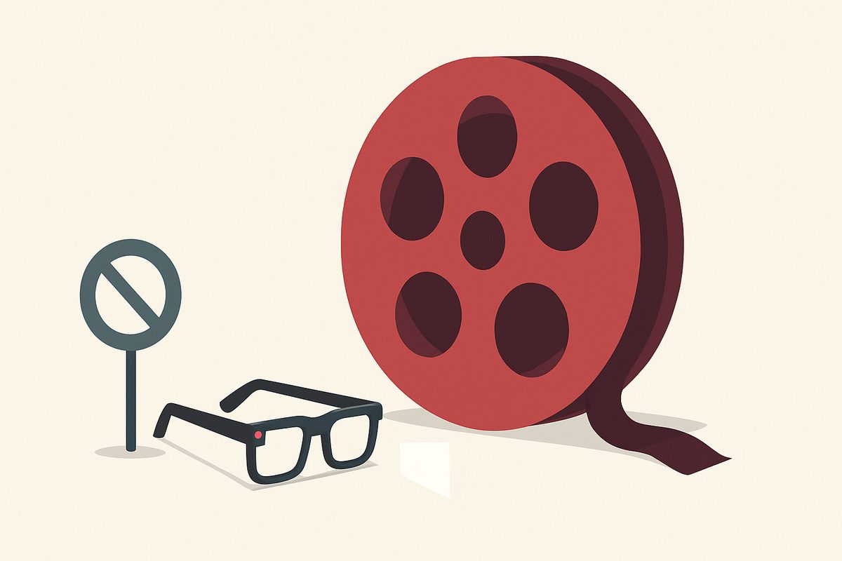 A flat editorial illustration on a bone-cream background. A large deep-crimson film reel, by far the biggest object in the