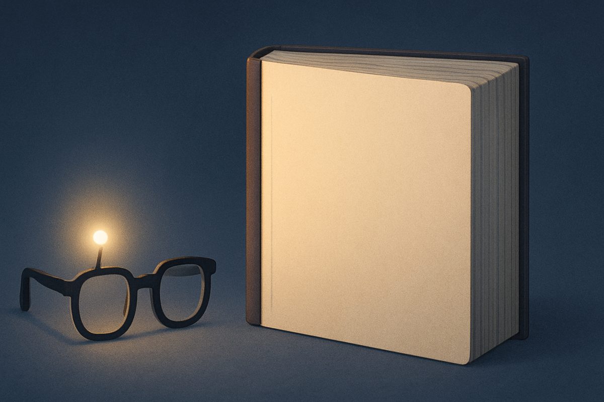 A conceptual illustration on a deep indigo-blue background. On the left sits a small pair of chunky black-framed glasses; on