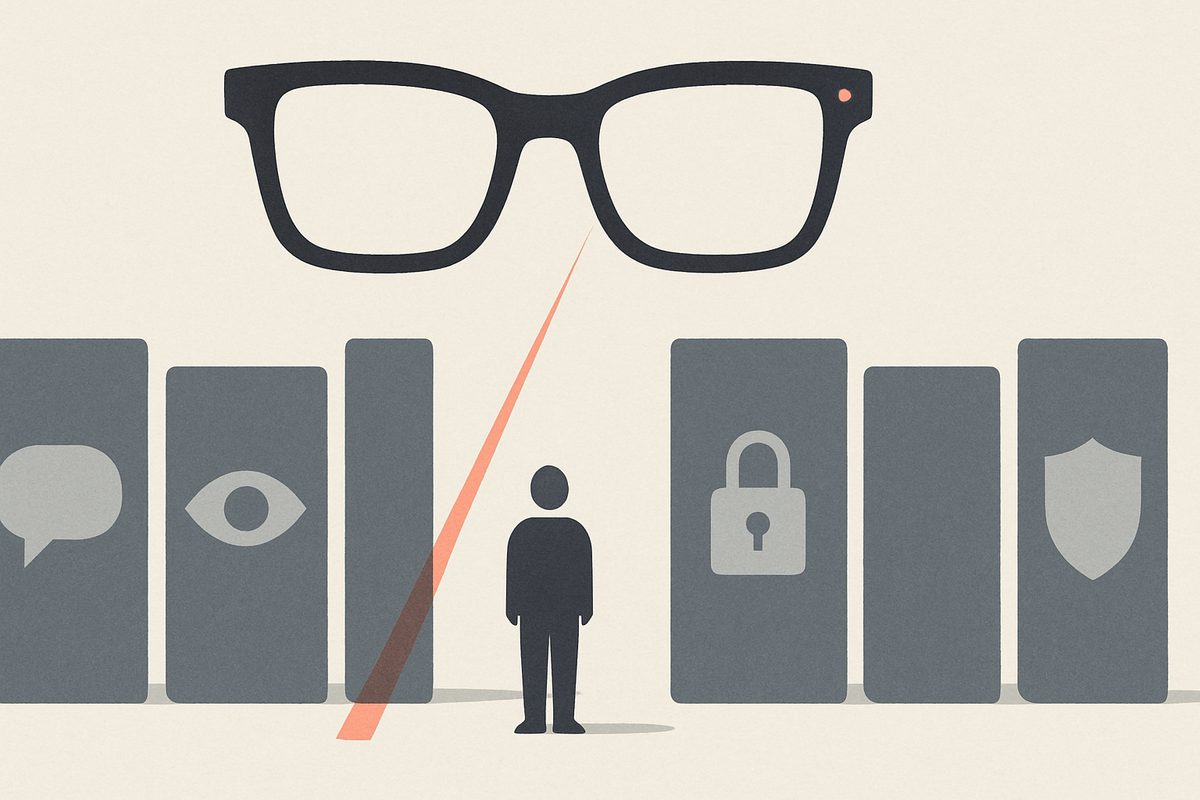 A flat editorial illustration on a pale off-white background. A row of tall slate-grey slab panels of uneven heights stands