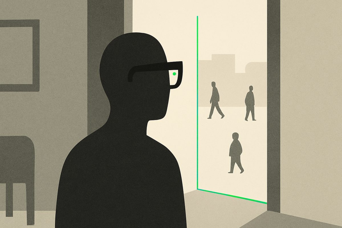 A flat editorial illustration in warm greys and bone-white. A large dark faceless figure seen in profile fills the left