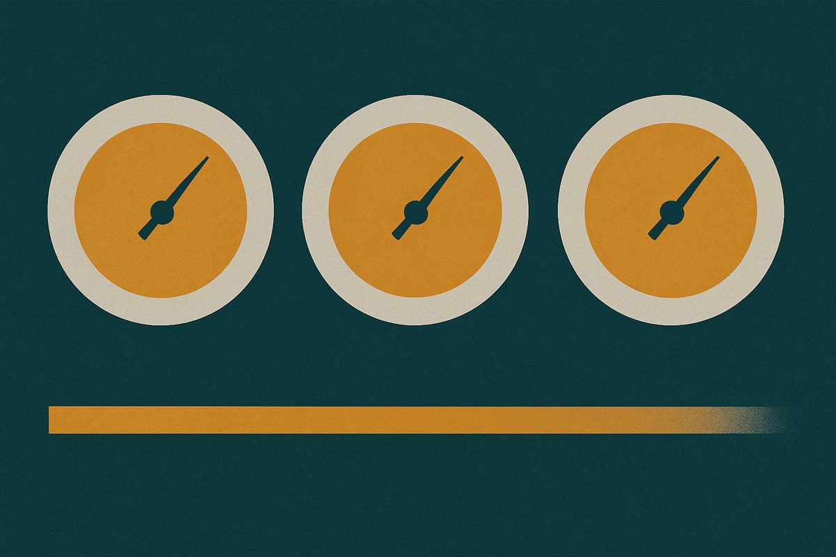 Three large amber dials in a row on a dark teal field; each has a dark needle but the pale outer ring where the scale markings would be is completely blank, so no needle points at anything. Below them a long amber rule runs the width of the frame and its right end fades into the background instead of ending at a mark