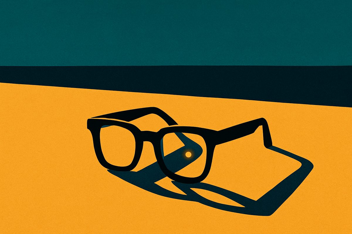 A bold flat-colour illustration. The lower two-thirds is a warm amber floor; a dark horizontal band runs straight across the