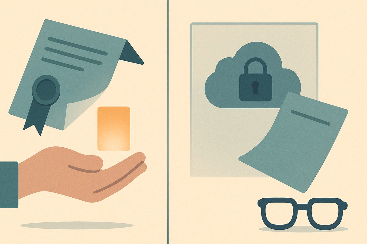 A flat editorial illustration on a warm paper-cream ground, split down the middle.