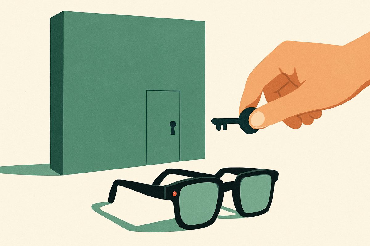 A tall solid green wall on a cream background has one small closed door set into it, marked only by a keyhole.