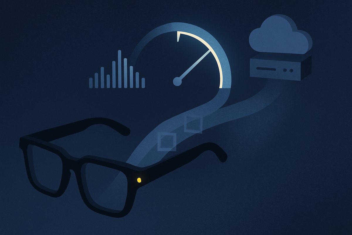 A dark navy illustration. In the lower left, a pair of chunky black-framed glasses sits at a three-quarter angle with a