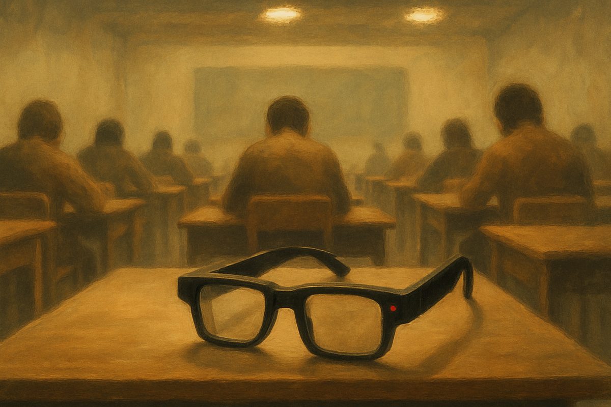 A dim, painterly classroom seen from behind: rows of wooden desks where anonymous students sit bent over their work with