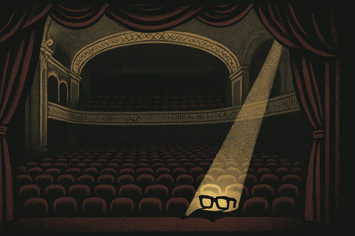 A dim, muted illustration of an empty old theatre in deep red and faded gold: an ornate arch, draped stage curtains and rows