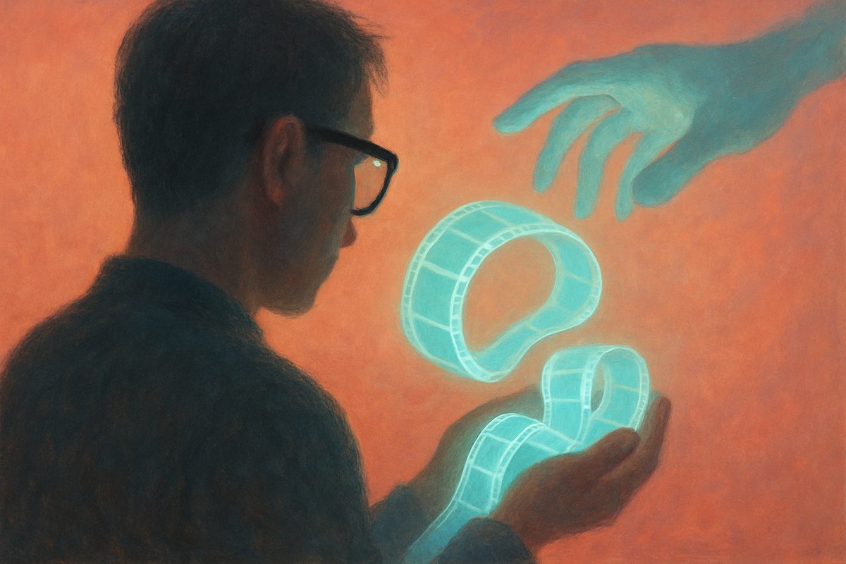 A painterly illustration on a warm coral-orange ground. A person seen in shadowed profile