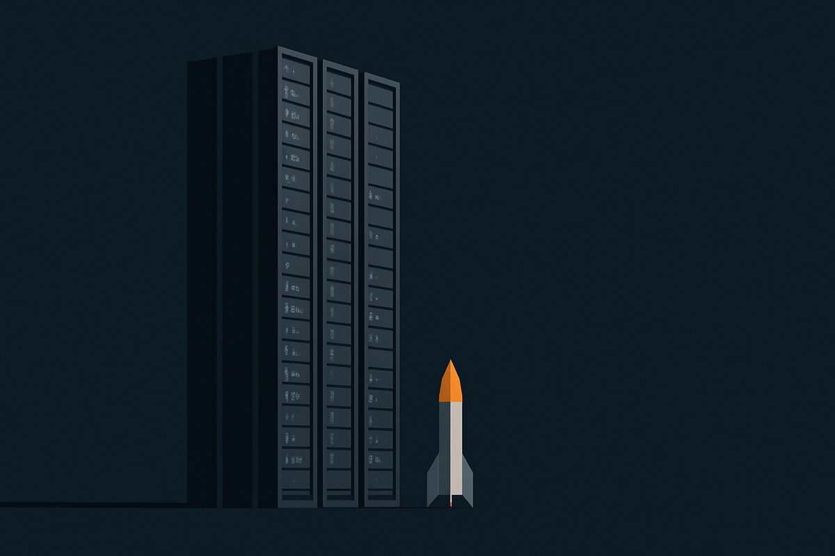 Three tall dark server racks tower over a small rocket standing beside them, the rocket nose cone the only bright colour