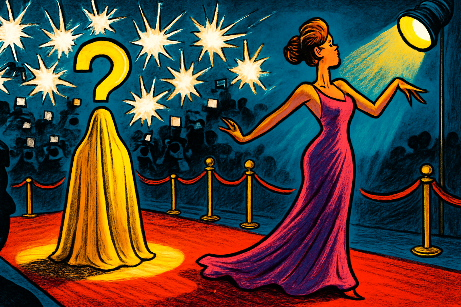 Editorial cartoon of a movie-premiere red carpet: a woman in a magenta gown poses beside a figure fully draped in a golden sheet with a giant question mark above it, under a burst of paparazzi camera flashes.