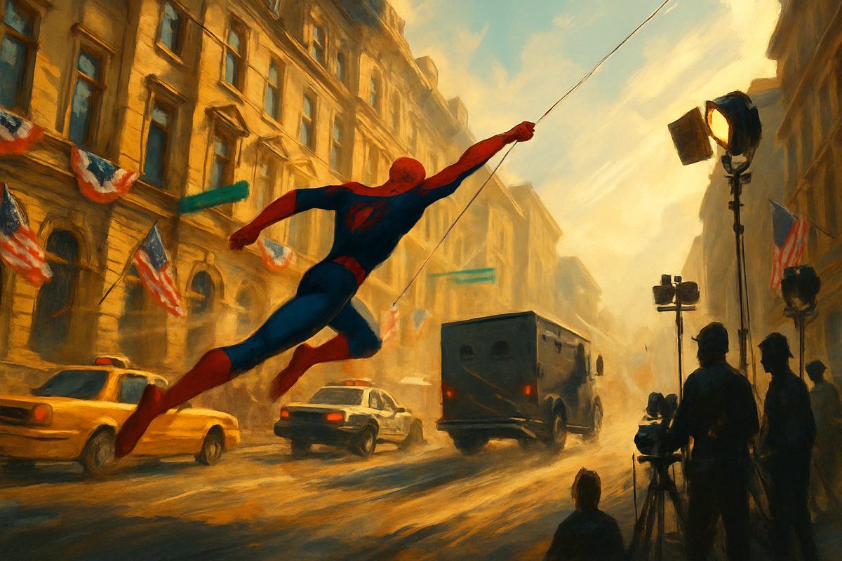 A painterly film-set scene: a masked figure in a red and blue suit swings on a line down a grand golden-stone street hung with American flags, chasing a dark armoured van past a yellow taxi and a police car, while a silhouetted film crew and a tall lighting rig watch from the right