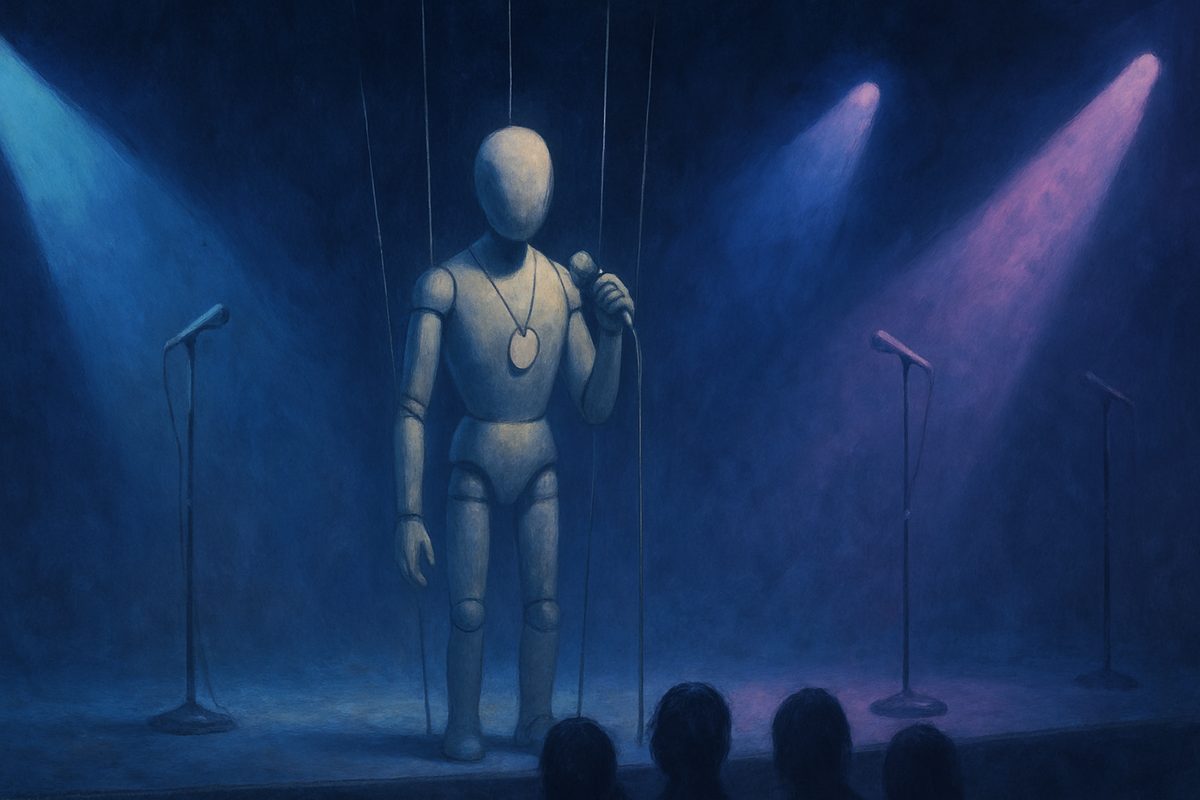 A painterly stage scene in deep blue. A large pale wooden artist's mannequin with a smooth featureless head stands
