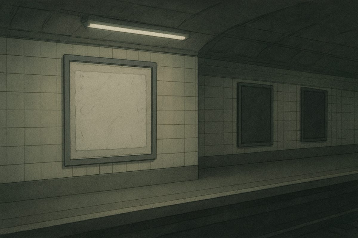 An empty underground platform at night; one large advertising frame on the tiled wall stands blank with the poster removed