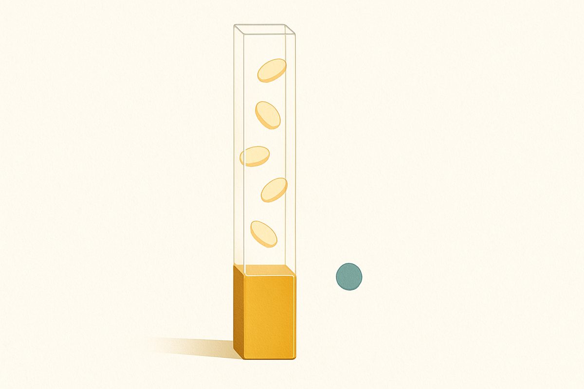 A single tall column on a pale cream background. Its short lower section is a solid, glossy gold block, but above it the