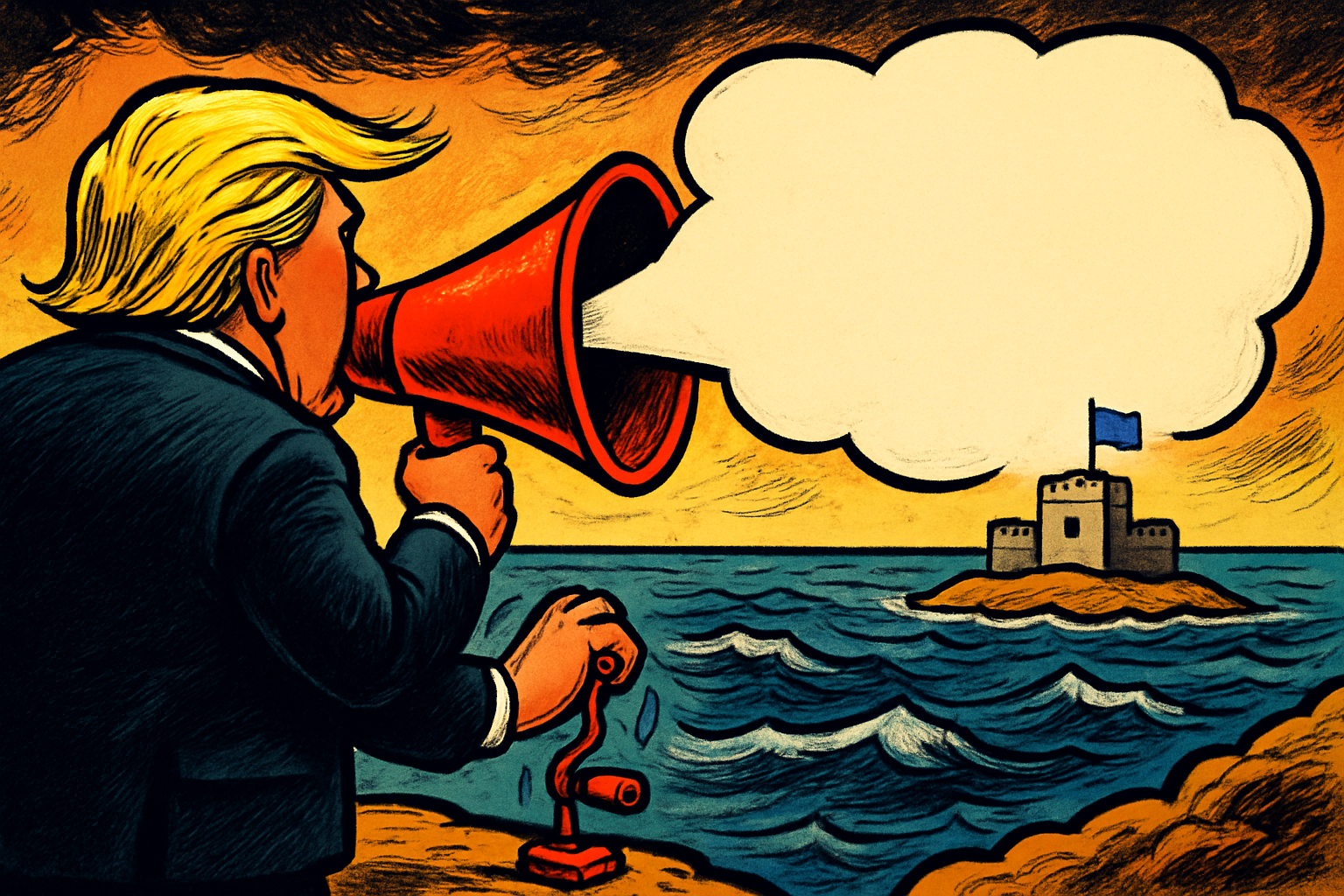 A blustering figure seen from behind bellows through a giant red megaphone with a huge empty speech-cloud while cranking a tiny useless lever, as a small blue-flagged fort across the sea stands unbothered.
