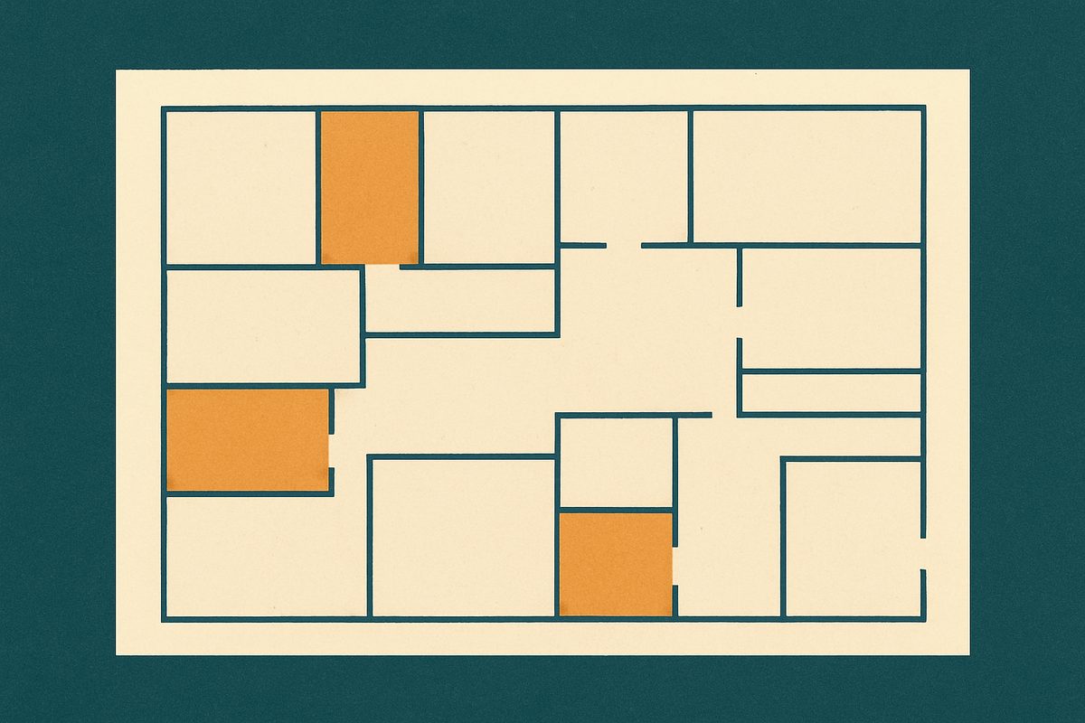 An overhead floor plan of a building divided into about a dozen cream rooms; three scattered rooms are filled solid amber while every other room and all the connecting space stays plain and open