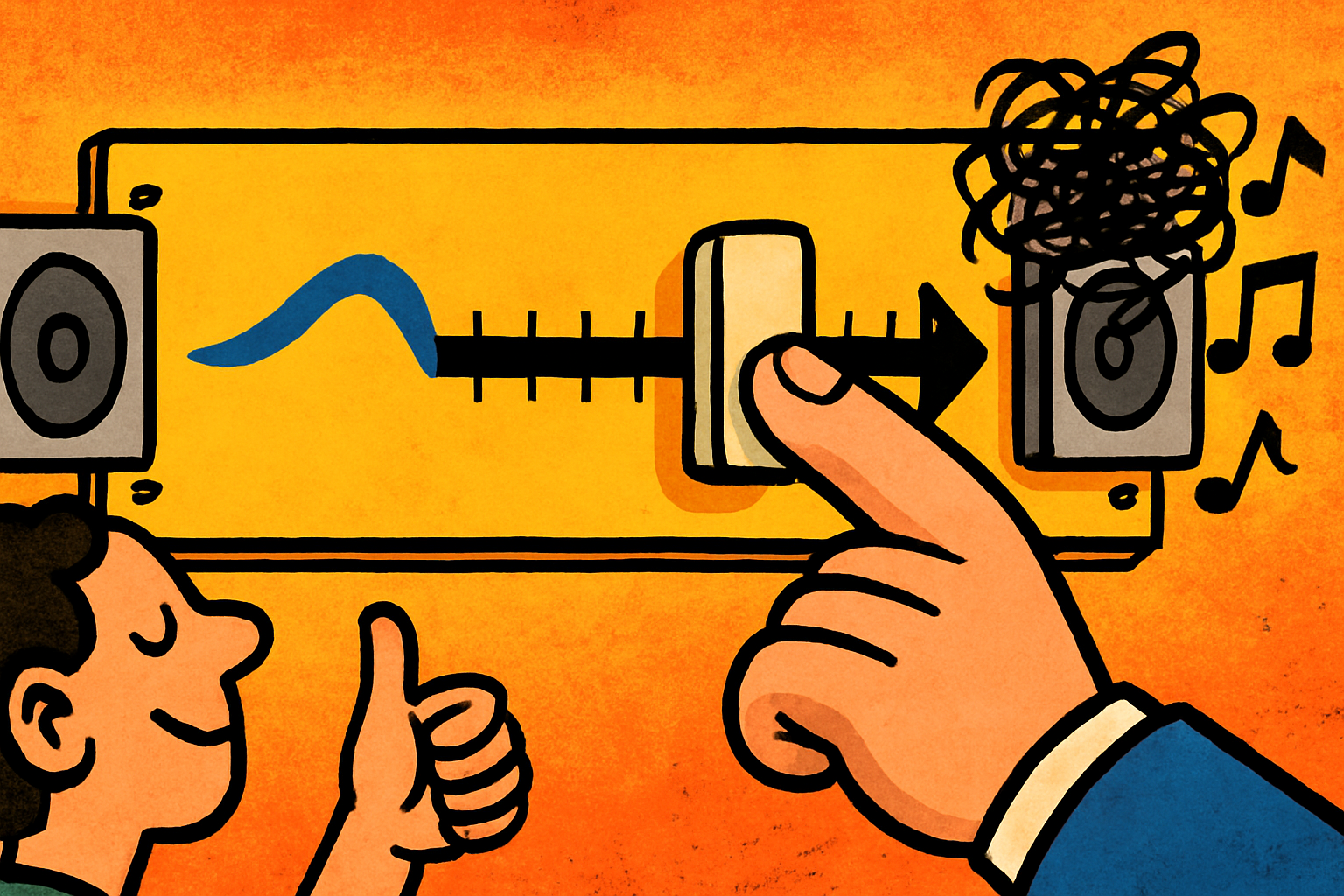 Comic illustration: a big hand slides a control along a track; one speaker gives off a single clean blue sound wave while the other spews a tangled scribble of noise and musical notes, as a person in profile smiles and gives a thumbs up