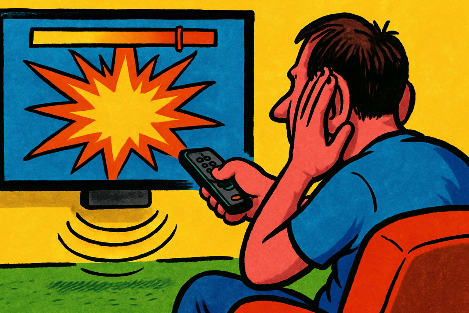 Comic illustration: a man shown in profile cups a hand to his ear and strains to listen while pointing a remote at a big flat TV showing an explosion, a volume bar cranked to maximum across the top, and the set firing sound waves downward into the floor