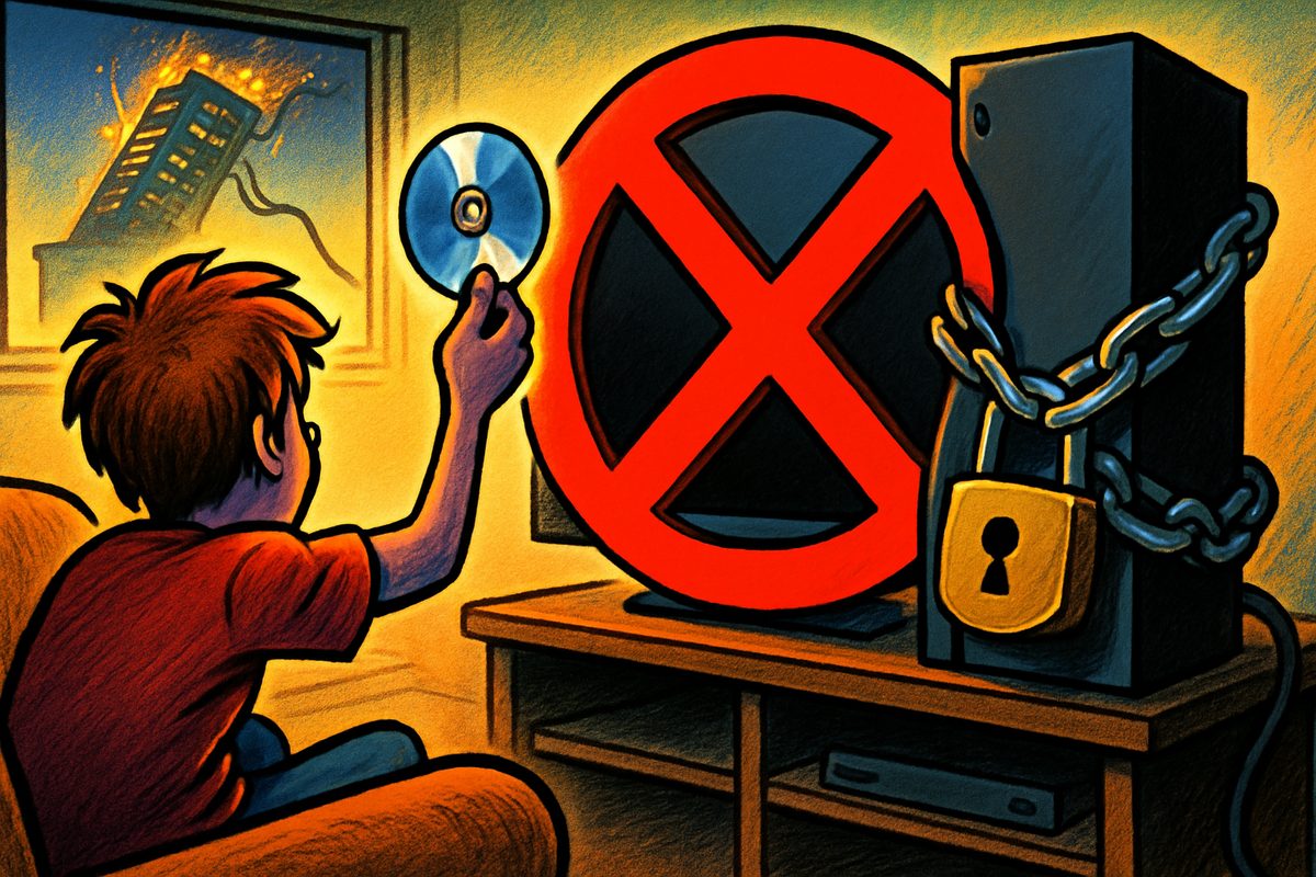 Editorial cartoon: a boy seen from behind holds up a shiny game disc toward a TV blocked by a large red crossed-out circle, while a tall black console beside it is wrapped in chains and a gold padlock, and a toppling, sparking server tower burns in a picture on the wall behind